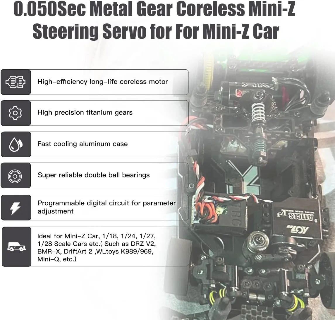 AGFRC Mini-Z-Car Micro RC-Steering Servo - 1.4KG Upgrade Programmable 0.050sec High Speed Full Metal Gear Mini Digital Coreless Black Servo, Control Angle 180° (A11CLS V3)