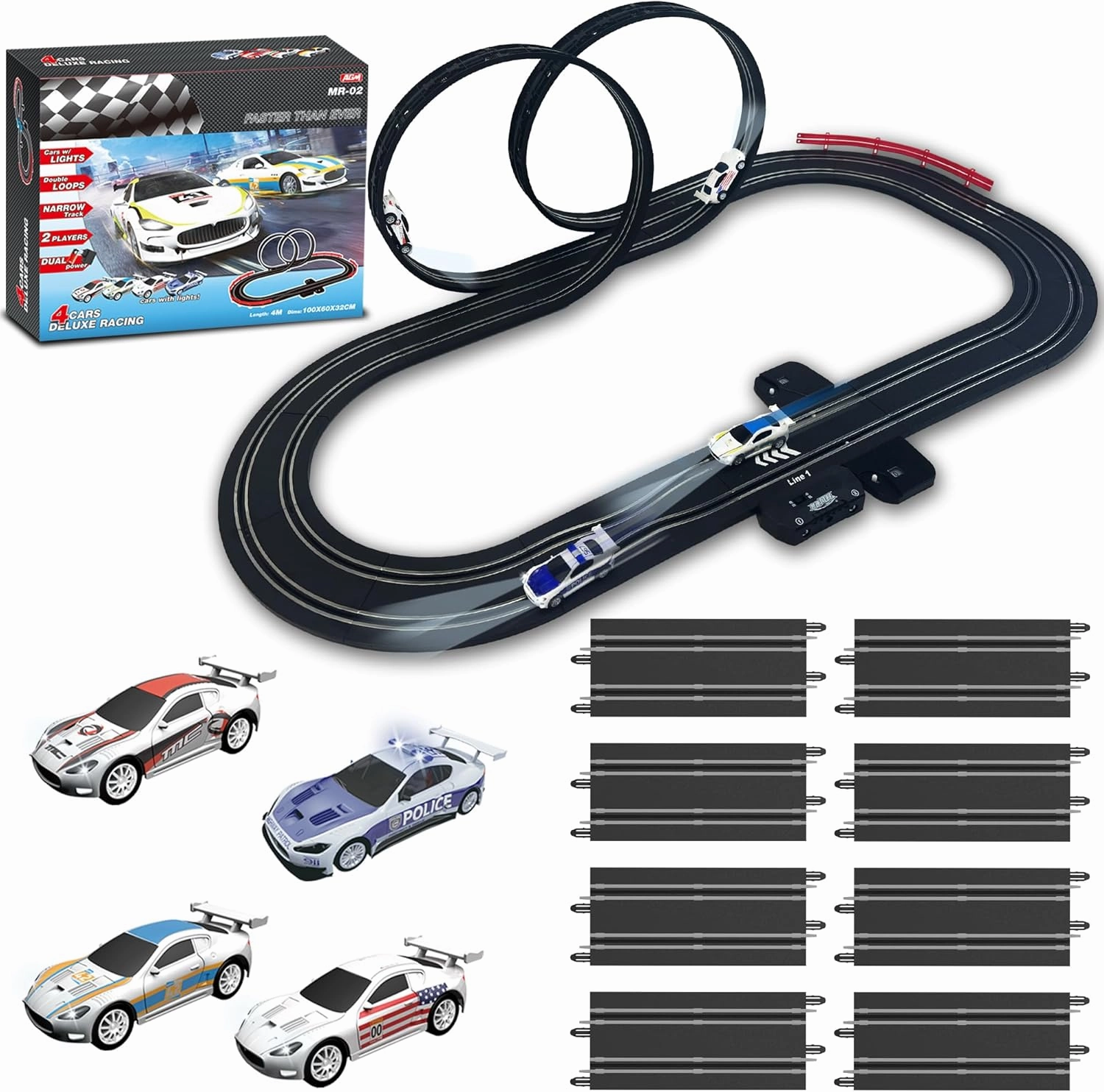 AGM MASTECH Slot Car Race Track Set with Light-Up Cars, Adjustable Speed Controllers, and Exciting Full-Speed Turbo Button - Complete Gift Set for Kids Age 4-12 and Family Fun