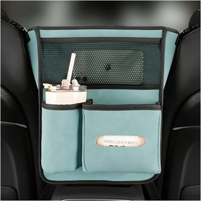 AICEL Car Net Pocket Handbag Holder Between Seats, Purse Holder with Adjustable Buckle Strap, Large Capacity Storage Organizer Mesh Bag Barrier in Front Seat Center Console, Car Accessories (Blue)