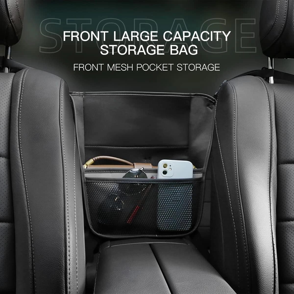 AICEL Car Net Pocket Handbag Holder Between Seats, Purse Holder with Adjustable Buckle Strap, Large Capacity Storage Organizer Mesh Bag Barrier in Front Seat Center Console, Car Accessories (Blue)