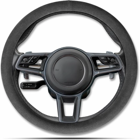 Alcantara Material Car Steering Wheel Cover, Anti-Slip, Comfortable Grip, Breathable, Durable, Full Surround, Universal Fit Car Interior - Black - Regular Style