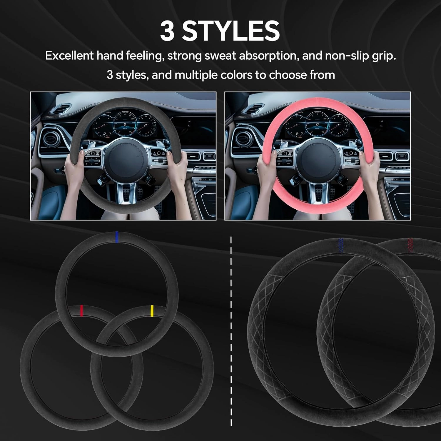 Alcantara Material Car Steering Wheel Cover, Anti-Slip, Comfortable Grip, Breathable, Durable, Full Surround, Universal Fit Car Interior - Black - Regular Style