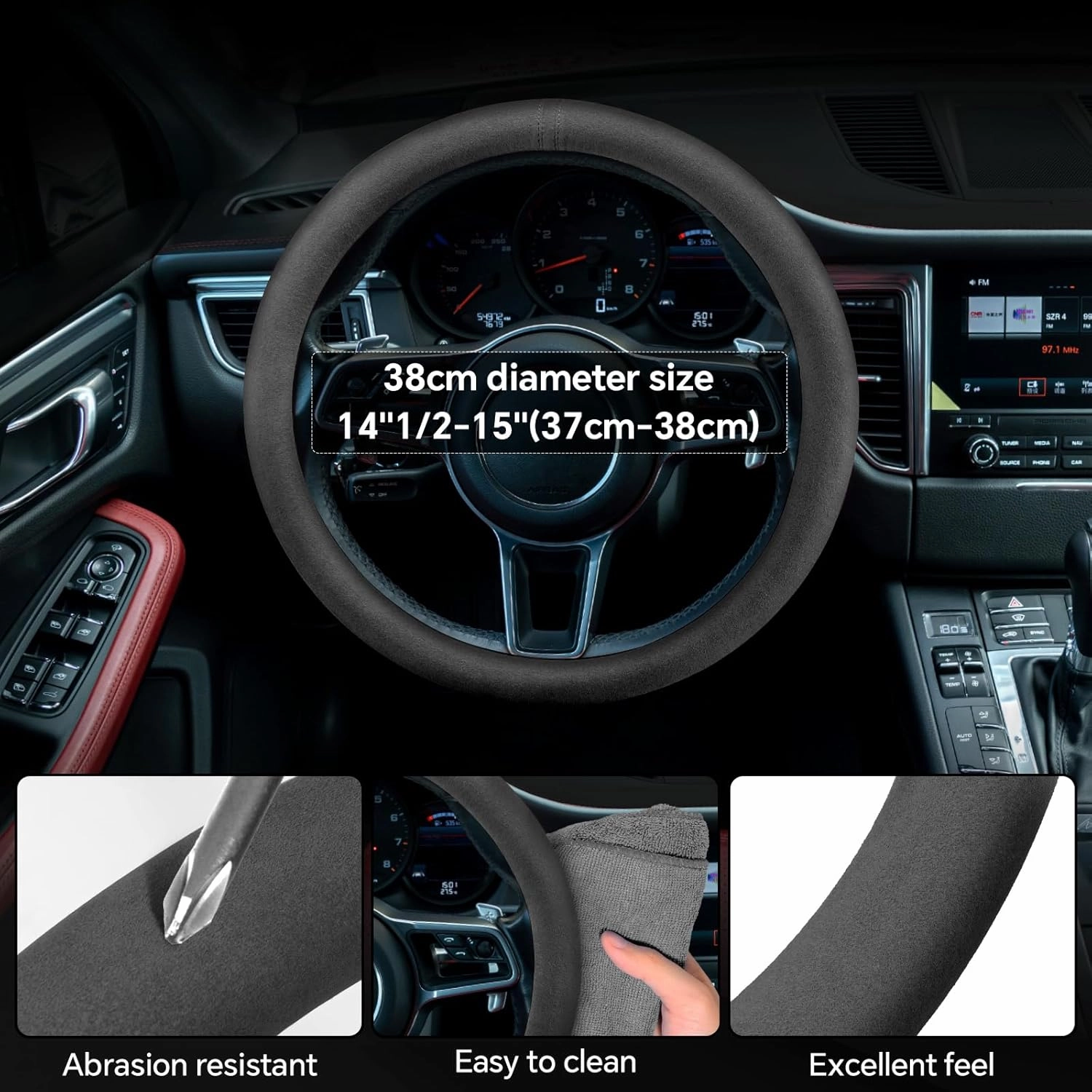 Alcantara Material Car Steering Wheel Cover, Anti-Slip, Comfortable Grip, Breathable, Durable, Full Surround, Universal Fit Car Interior - Black - Regular Style