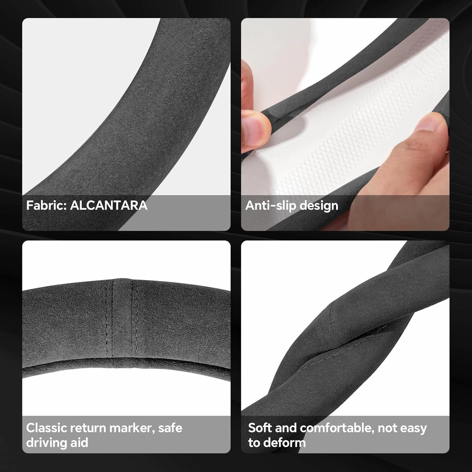 Alcantara Material Car Steering Wheel Cover, Anti-Slip, Comfortable Grip, Breathable, Durable, Full Surround, Universal Fit Car Interior - Black - Regular Style