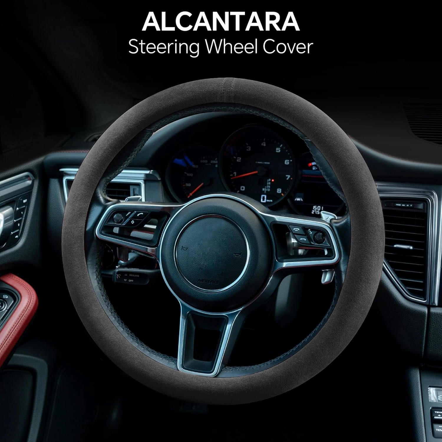 Alcantara Material Car Steering Wheel Cover, Anti-Slip, Comfortable Grip, Breathable, Durable, Full Surround, Universal Fit Car Interior - Black - Regular Style
