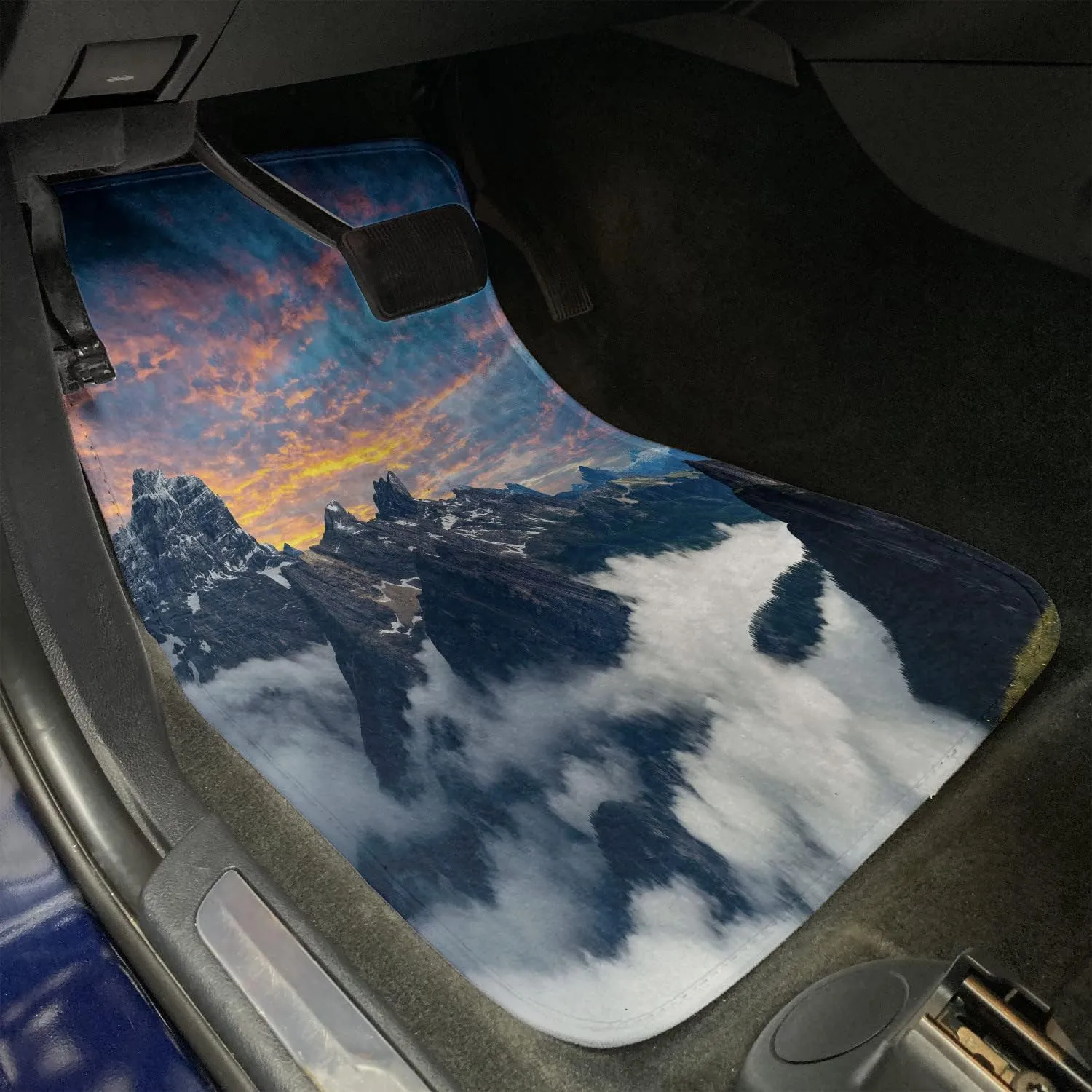 Ambesonne Mountain Car Mat Set of 2, Alpine Scenery Foggy Italian Natural Park Vivid Sky Above Clouds Photography, Front Seat Floor Mat Durable PVC Backing Accesory, 27.5" x 17.9", Black White Blue