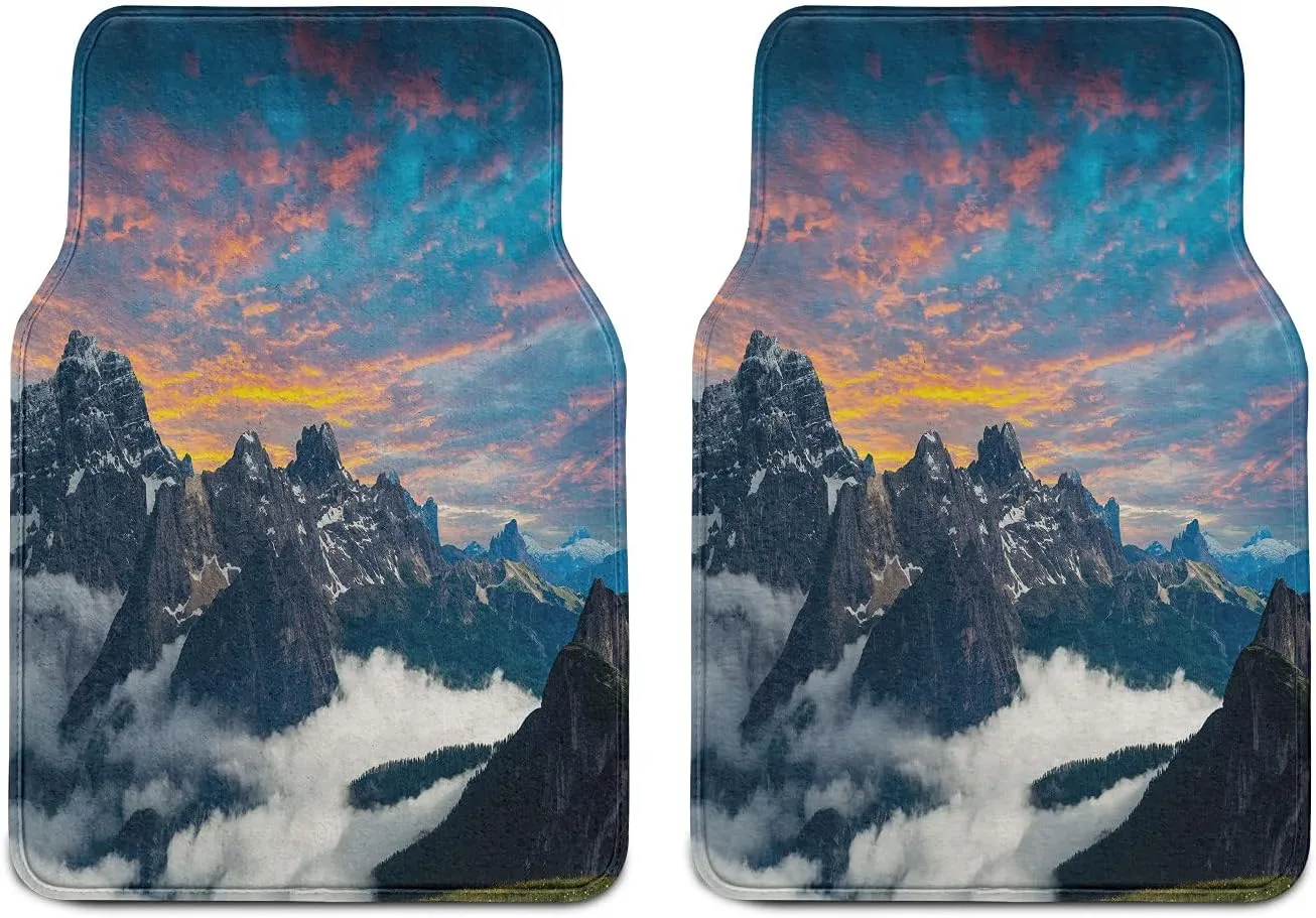 Ambesonne Mountain Car Mat Set of 2, Alpine Scenery Foggy Italian Natural Park Vivid Sky Above Clouds Photography, Front Seat Floor Mat Durable PVC Backing Accesory, 27.5" x 17.9", Black White Blue