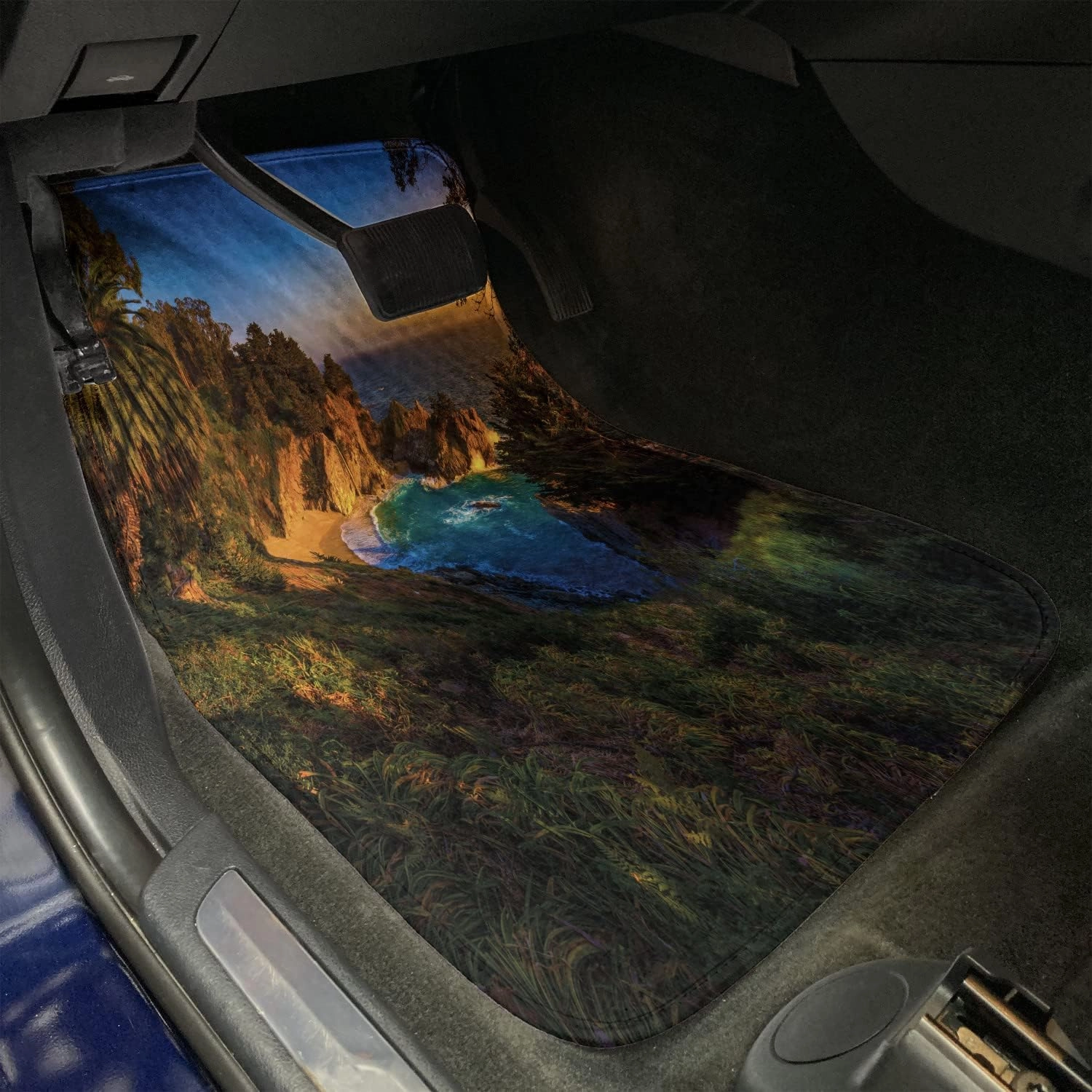 Ambesonne Big Sur Car Mat Set of 4, Carmel California Exotic Scene with McWay Falls and Tropic Botany at Dusk, Front & Back Seat Floor Mat Durable PVC Backing Car Accesory, Multicolor