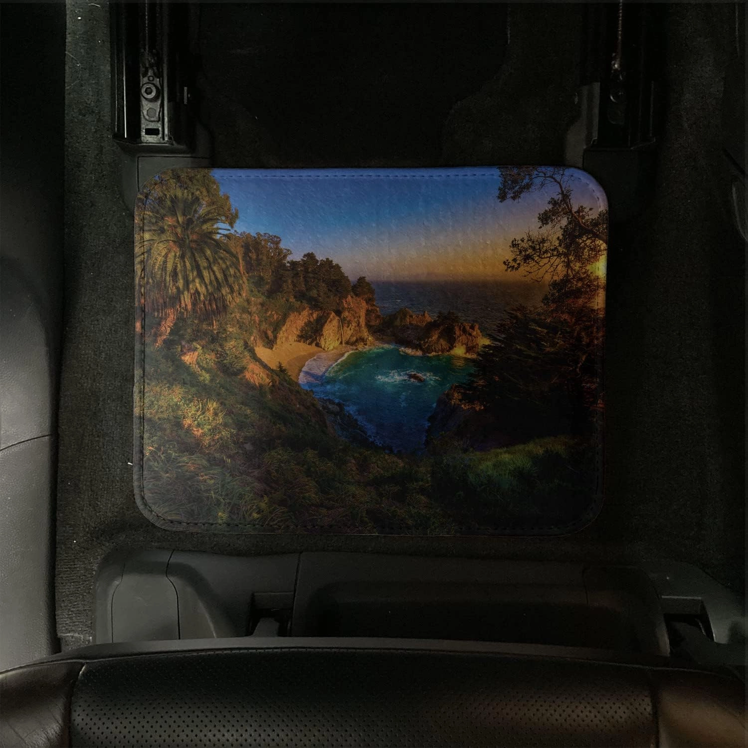 Ambesonne Big Sur Car Mat Set of 4, Carmel California Exotic Scene with McWay Falls and Tropic Botany at Dusk, Front & Back Seat Floor Mat Durable PVC Backing Car Accesory, Multicolor