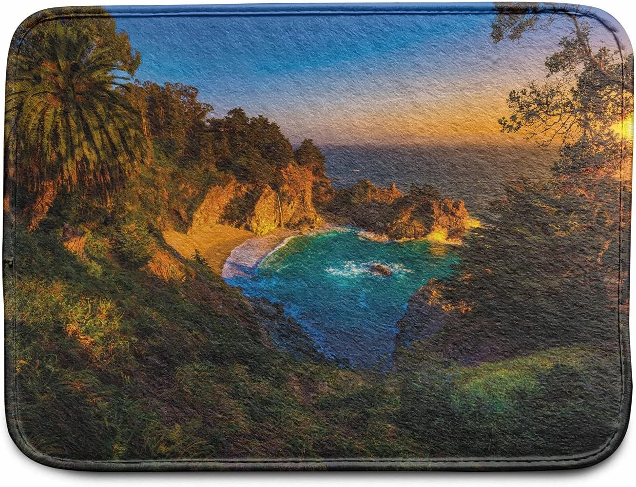 Ambesonne Big Sur Car Mat Set of 4, Carmel California Exotic Scene with McWay Falls and Tropic Botany at Dusk, Front & Back Seat Floor Mat Durable PVC Backing Car Accesory, Multicolor