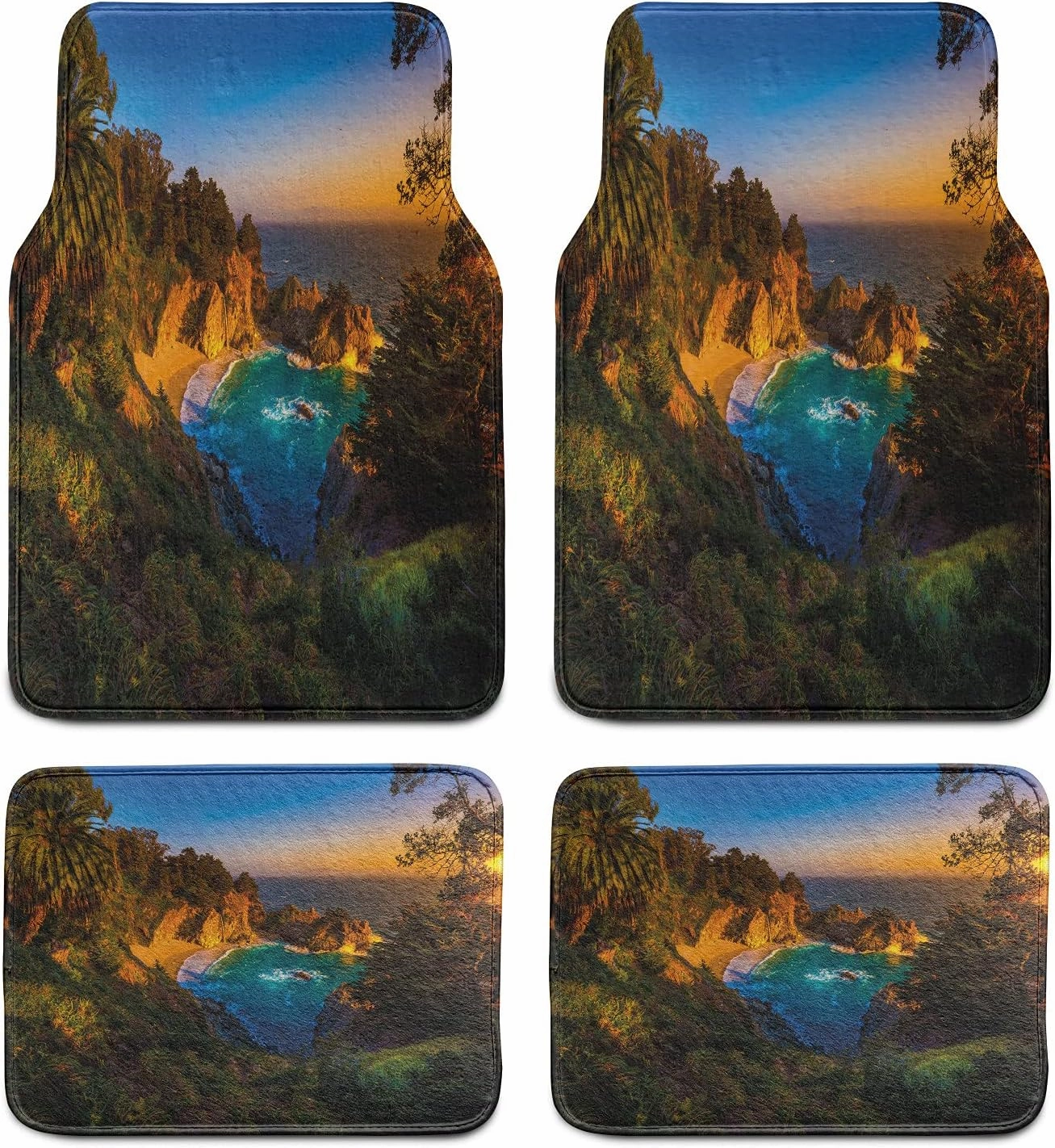 Ambesonne Big Sur Car Mat Set of 4, Carmel California Exotic Scene with McWay Falls and Tropic Botany at Dusk, Front & Back Seat Floor Mat Durable PVC Backing Car Accesory, Multicolor
