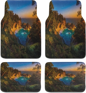 Ambesonne Big Sur Car Mat Set of 4, Carmel California Exotic Scene with McWay Falls and Tropic Botany at Dusk, Front & Back Seat Floor Mat Durable PVC Backing Car Accesory, Multicolor