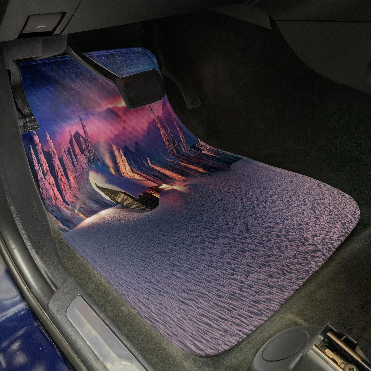Ambesonne Milky Way Car Mat Set of 2, Wild Alpine Scene with Cabin in The Woods Winter with Starry Skyline Illustration, Front Seat Floor Mat Durable PVC Backing Accesory, 27.5" x 17.9", Multicolor