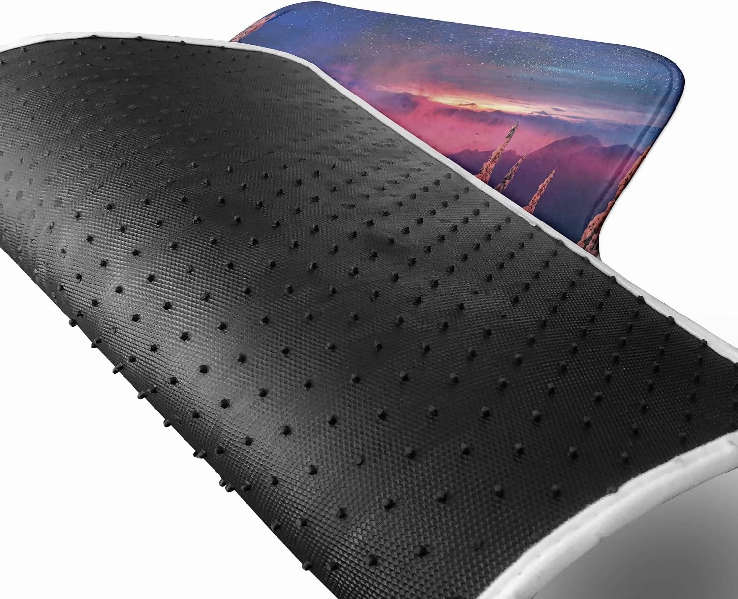Ambesonne Milky Way Car Mat Set of 2, Wild Alpine Scene with Cabin in The Woods Winter with Starry Skyline Illustration, Front Seat Floor Mat Durable PVC Backing Accesory, 27.5" x 17.9", Multicolor