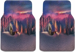 Ambesonne Milky Way Car Mat Set of 2, Wild Alpine Scene with Cabin in The Woods Winter with Starry Skyline Illustration, Front Seat Floor Mat Durable PVC Backing Accesory, 27.5" x 17.9", Multicolor