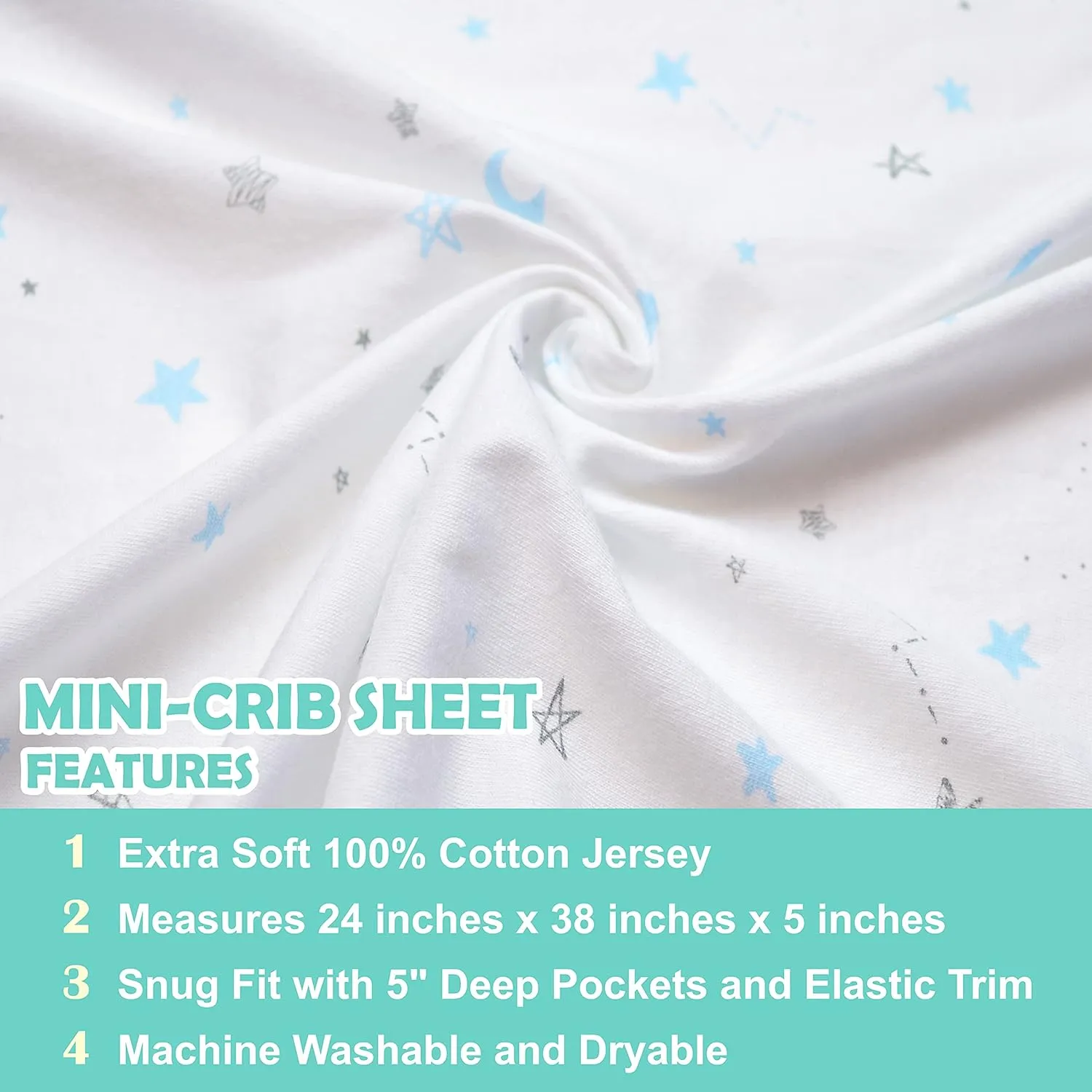 American Baby Company 3 Pack Fitted Mini Crib Sheet 24" x 38", Soft Breathable Neutral 100% Cotton Jersey Portable Sheet, Blue Star/Zigzag, for Boys and Girls, Fits Most Pack N Play Mattresses