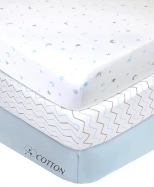 American Baby Company 3 Pack Fitted Mini Crib Sheet 24" x 38", Soft Breathable Neutral 100% Cotton Jersey Portable Sheet, Blue Star/Zigzag, for Boys and Girls, Fits Most Pack N Play Mattresses