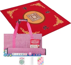 American Mahjong Set,166 Quality Acrylic Tiles with Colorful Prints, Complete Mahjong Game Set with A Carrying Bag，Anti Slip and Noise Reduction Table Cover for Mahjong(Red, 31.5")
