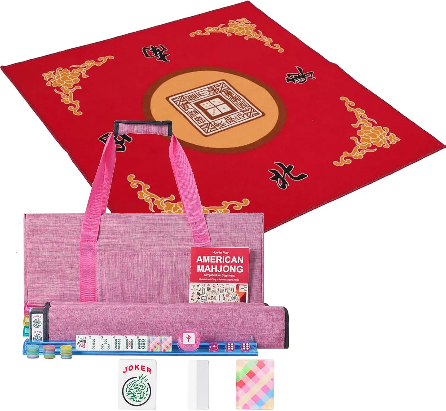American Mahjong Set,166 Quality Acrylic Tiles with Colorful Prints, Complete Mahjong Game Set with A Carrying Bag，Anti Slip and Noise Reduction Table Cover for Mahjong(Red, 31.5")