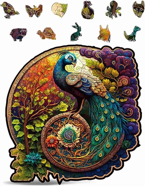 Animal Wooden Puzzles for Adults – A4 Peacock Yin Yang with 113 Pieces – Jigsaw Puzzles with Unique Animal Shapes – 7.9" x 7.8"