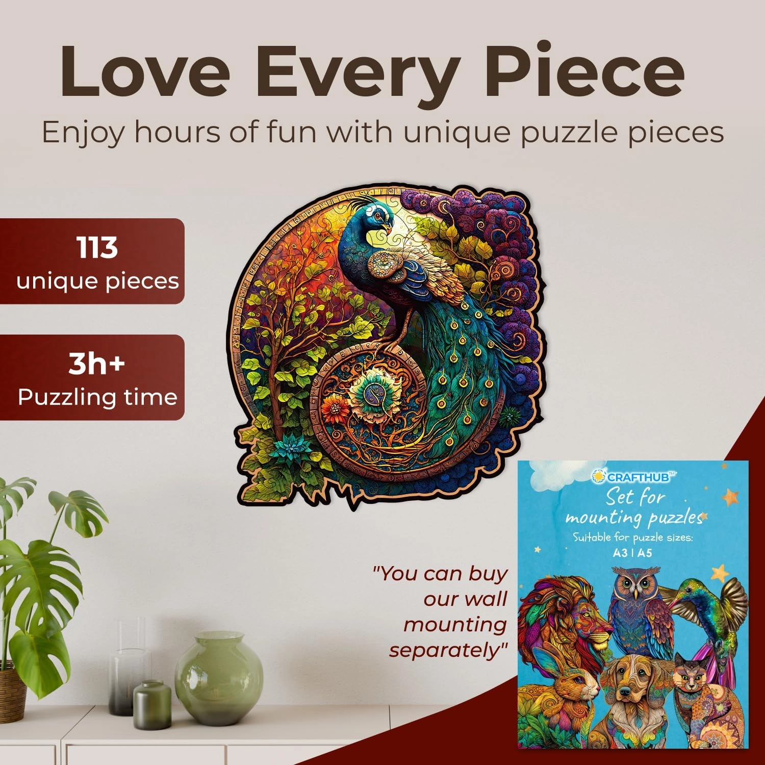 Animal Wooden Puzzles for Adults – A4 Peacock Yin Yang with 113 Pieces – Jigsaw Puzzles with Unique Animal Shapes – 7.9" x 7.8"