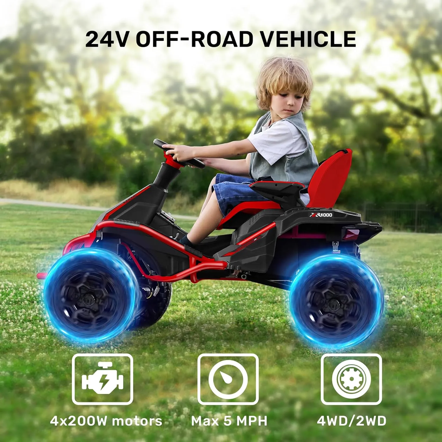 ANPABO 24V 4x4 Ride On Toy for Big Kids, 4x200W Motors, 5MPH, Kids Car w/Parent Remote, Wide Adjustable Seat, Headlights, Metal Frame, Shock Absorbers, 4 Wheeler Quad, Red