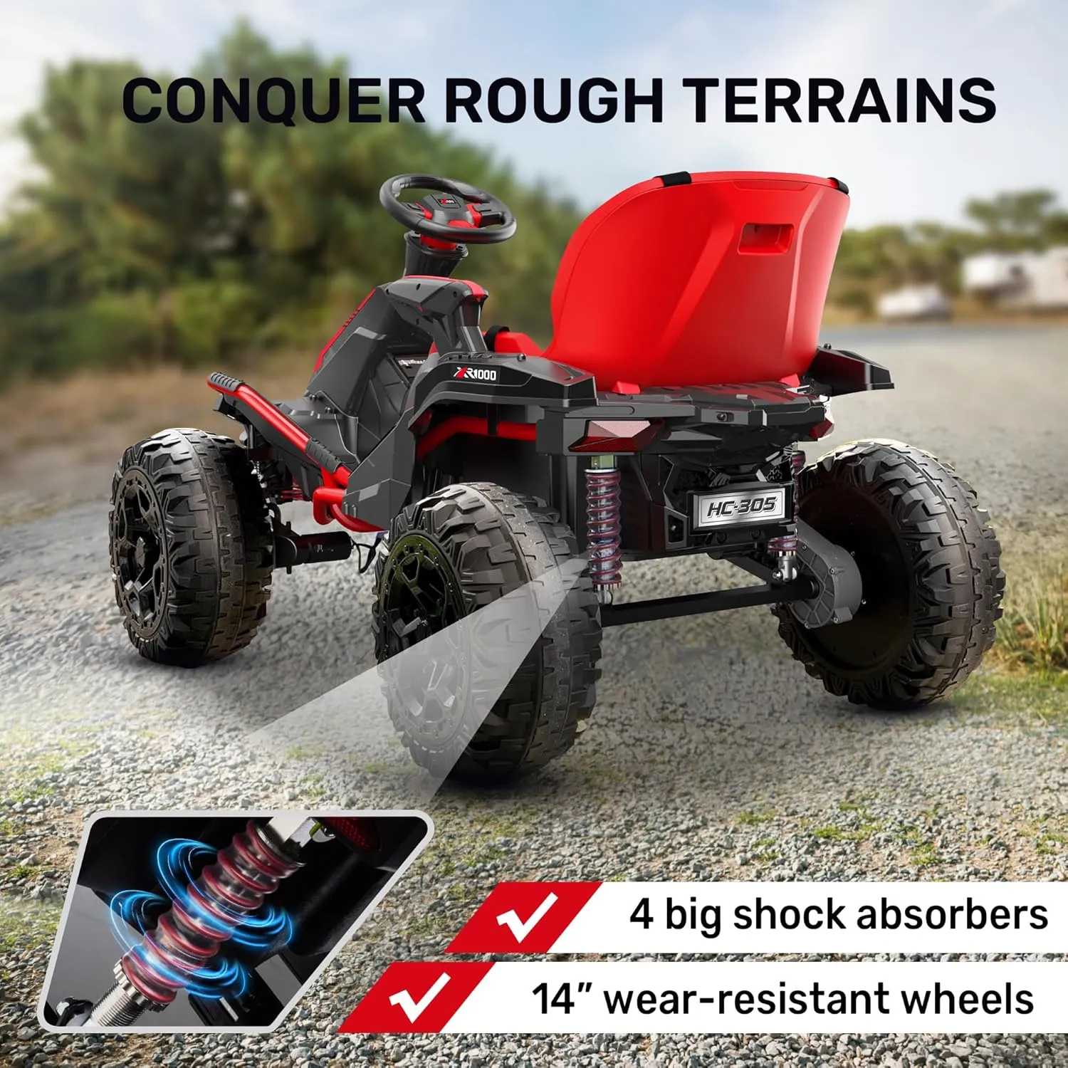 ANPABO 24V 4x4 Ride On Toy for Big Kids, 4x200W Motors, 5MPH, Kids Car w/Parent Remote, Wide Adjustable Seat, Headlights, Metal Frame, Shock Absorbers, 4 Wheeler Quad, Red