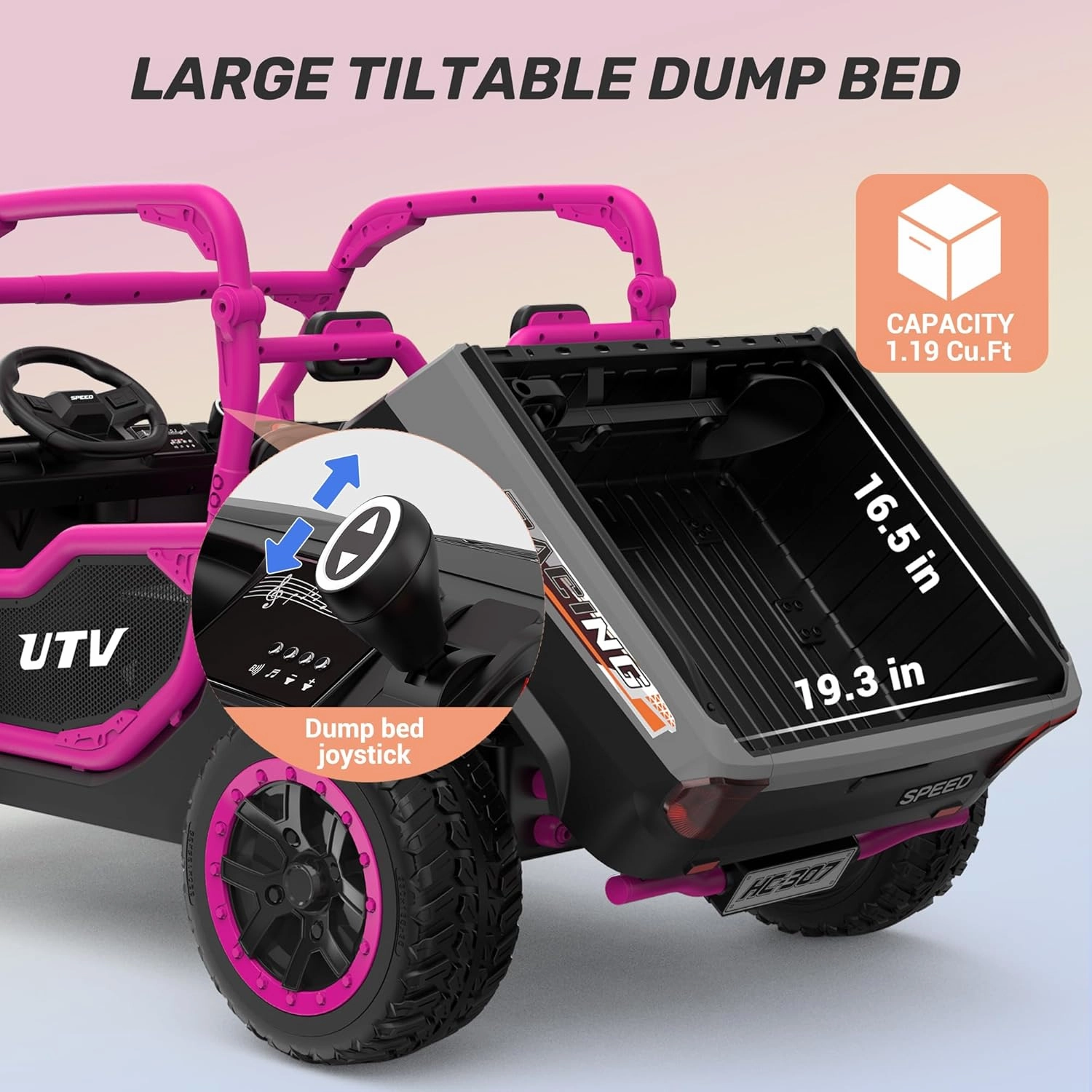 ANPABO 24V 2 Seater Ride On Dump Truck, 4x75W, Max 5 Mph, EVA Tire, Kids Electric Car with Electric Dump Bed, Shovel, Music, 24V Ride On Toy UTV w/Parent Remote Control for Ages 3-8,Rose Red