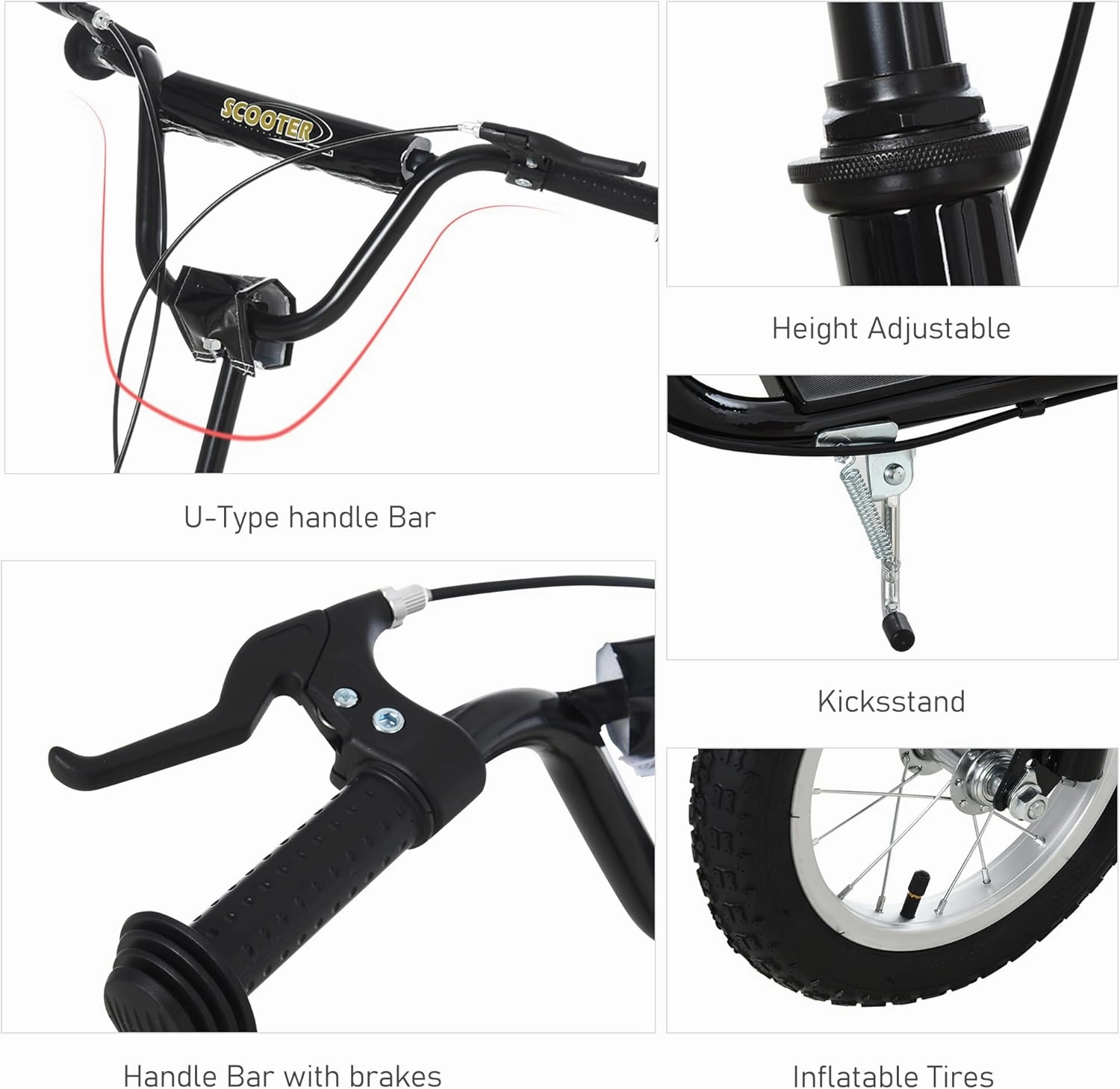 Aosom Youth Scooter Front and Rear Caliper Dual Brakes 12-Inch Inflatable Front Wheel Ride On Toy for Age 5 