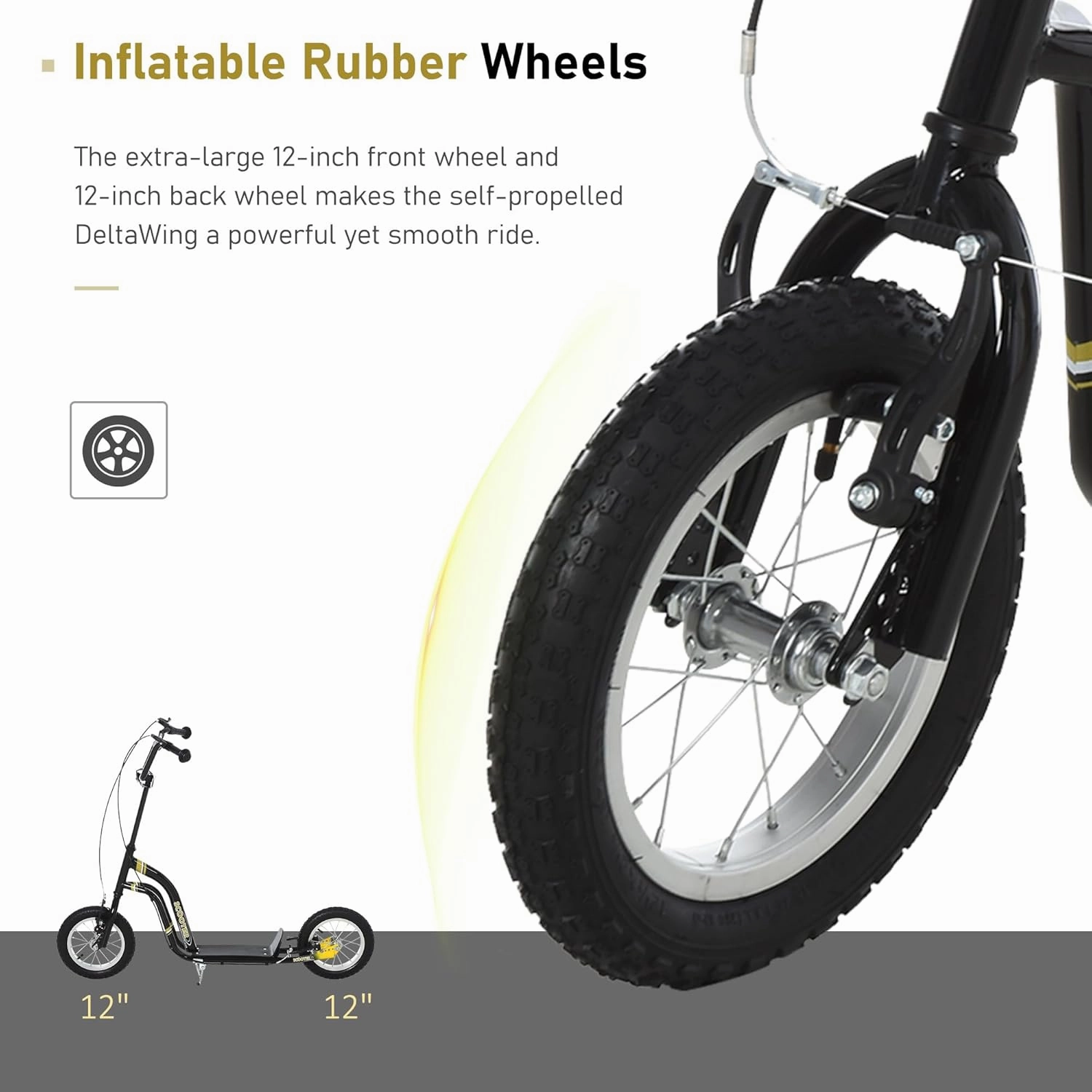Aosom Youth Scooter Front and Rear Caliper Dual Brakes 12-Inch Inflatable Front Wheel Ride On Toy for Age 5 