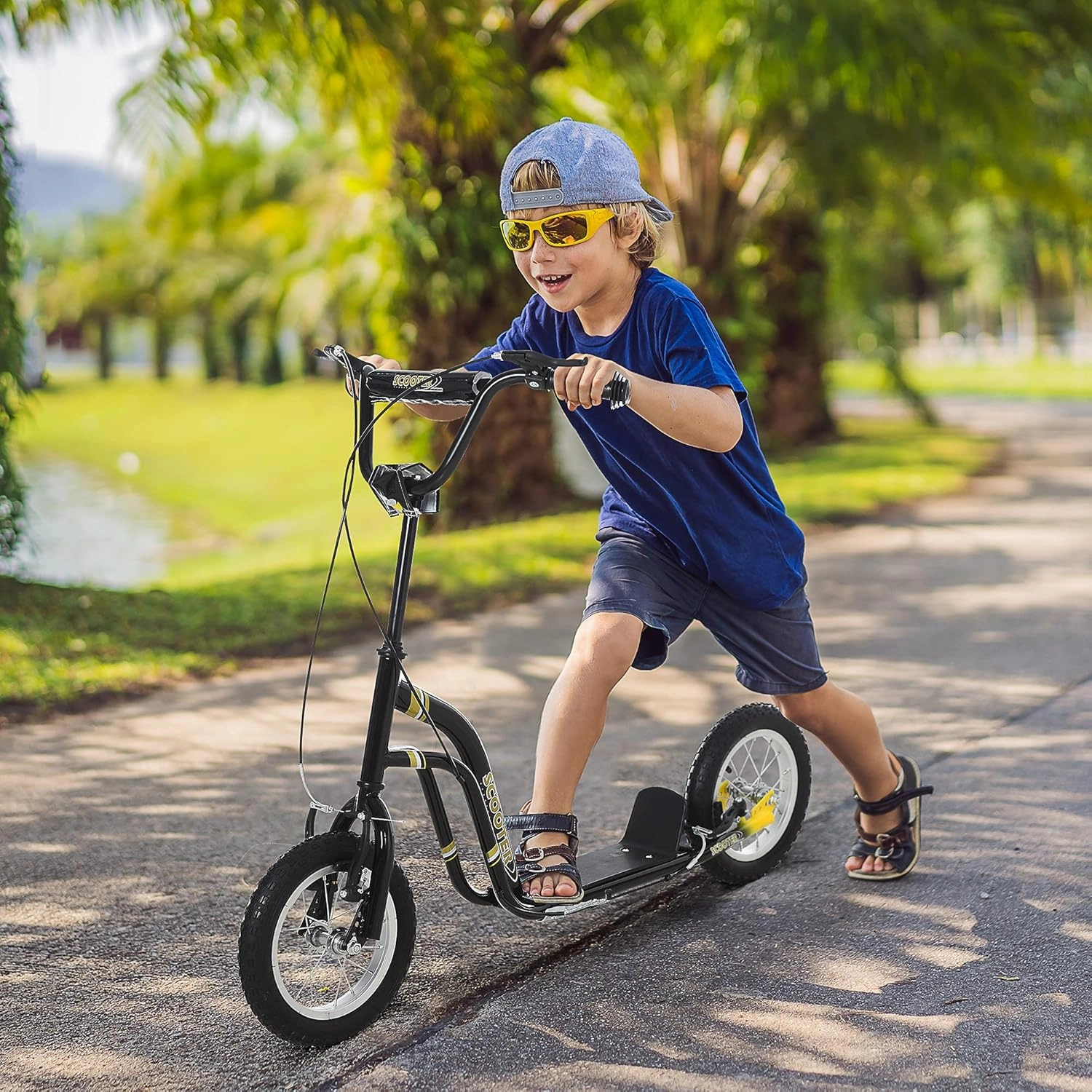 Aosom Youth Scooter Front and Rear Caliper Dual Brakes 12-Inch Inflatable Front Wheel Ride On Toy for Age 5 