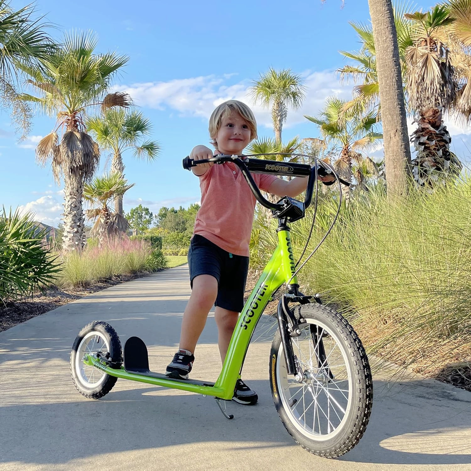 Aosom Youth Scooter Kick Scooter for Kids 5  with Adjustable Handlebar 16" Front and 12" Rear Dual Brakes Inflatable Wheels