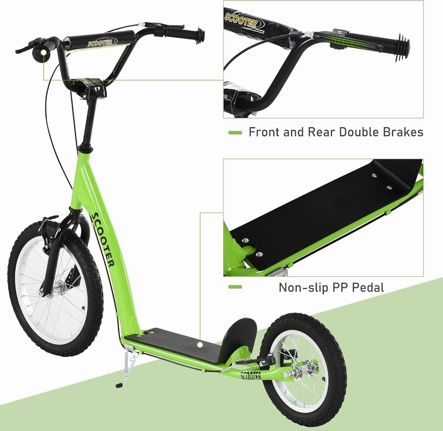 Aosom Youth Scooter Kick Scooter for Kids 5  with Adjustable Handlebar 16" Front and 12" Rear Dual Brakes Inflatable Wheels