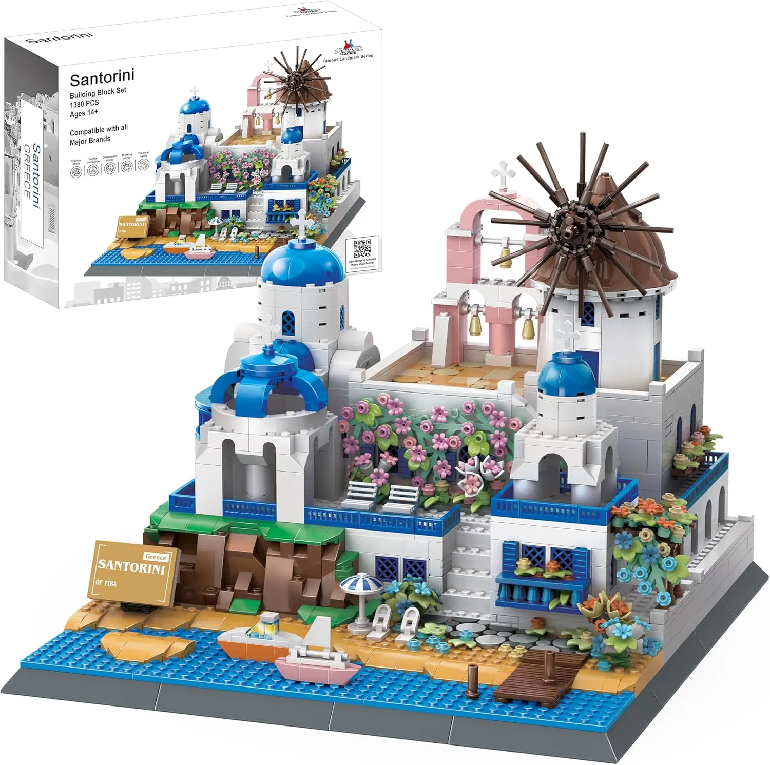 Apostrophe Games Santorini Building Block Set - 1372 Pieces - Model Building Blocks for Adults and Kids - Greece's Island Architecture Kit Famous Landmark Series