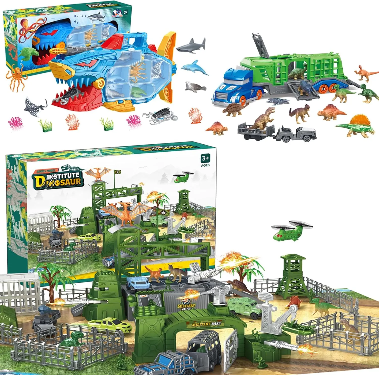 Army Men & Dinosaur Toys, Deep Sea Creatures Toy Set, Transport Truck & Freight Train