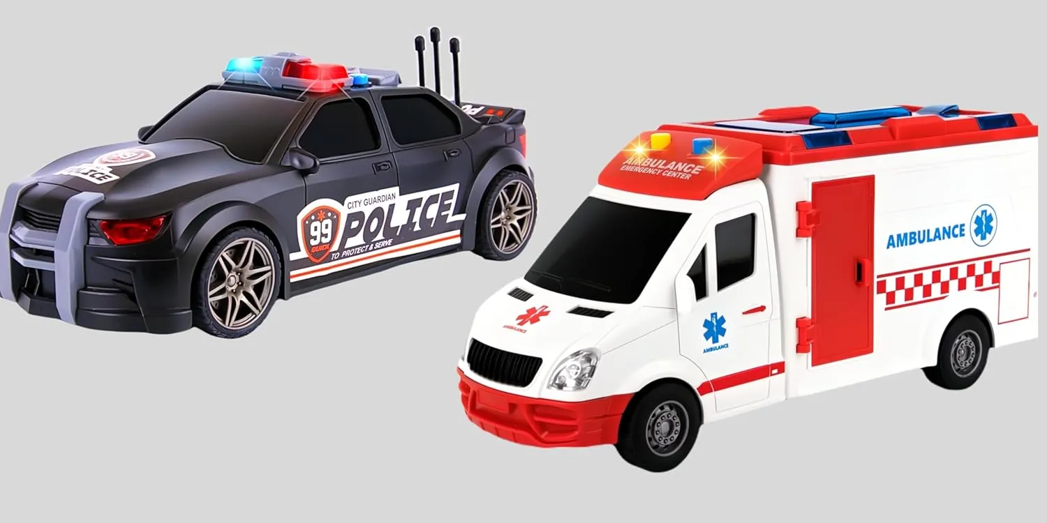 ArtCreativity Ambulance n' Police Car Toys for Kids Realistic Lights n' Sirens, Friction Powered, Openable Trunk, Removable Stretcher, Doors Open
