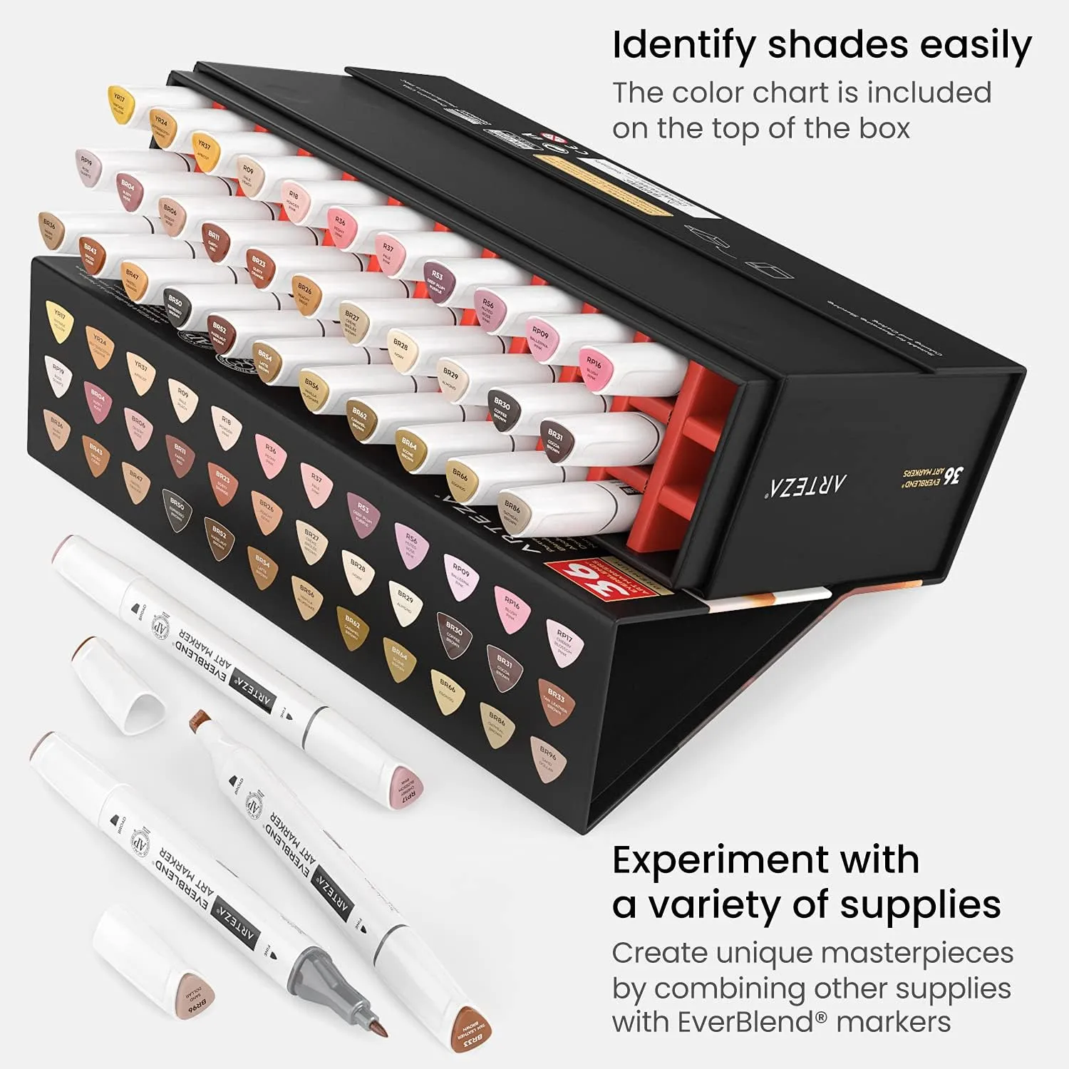 ARTEZA Alcohol Markers – Set of 36 Portrait & Skin Tone EverBlend Dual Tip Markers with Fine and Chisel Nibs and Organizer Box for Drawing
