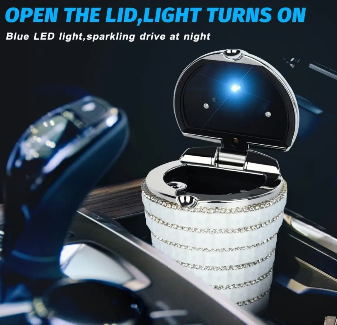 Ashtray with Bling Bling Diamond Auto Cigarette Odor Smoke Remover Cylinder Cup Holder With LED Lamp,White