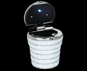 Ashtray with Bling Bling Diamond Auto Cigarette Odor Smoke Remover Cylinder Cup Holder With LED Lamp,White