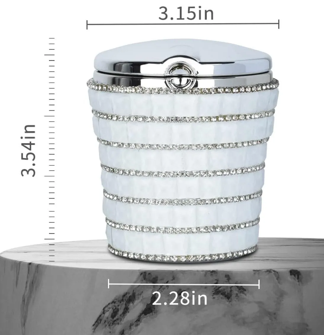 Ashtray with Bling Bling Diamond Auto Cigarette Odor Smoke Remover Cylinder Cup Holder With LED Lamp,White