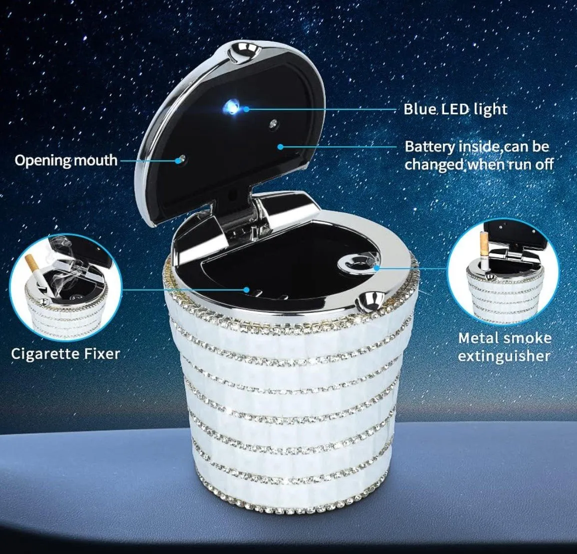 Ashtray with Bling Bling Diamond Auto Cigarette Odor Smoke Remover Cylinder Cup Holder With LED Lamp,White