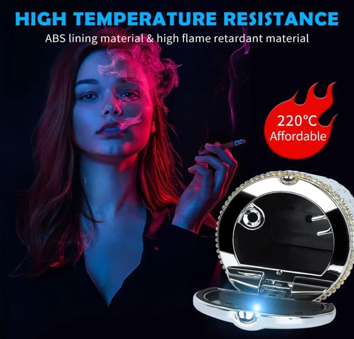 Ashtray with Bling Bling Diamond Auto Cigarette Odor Smoke Remover Cylinder Cup Holder With LED Lamp,White