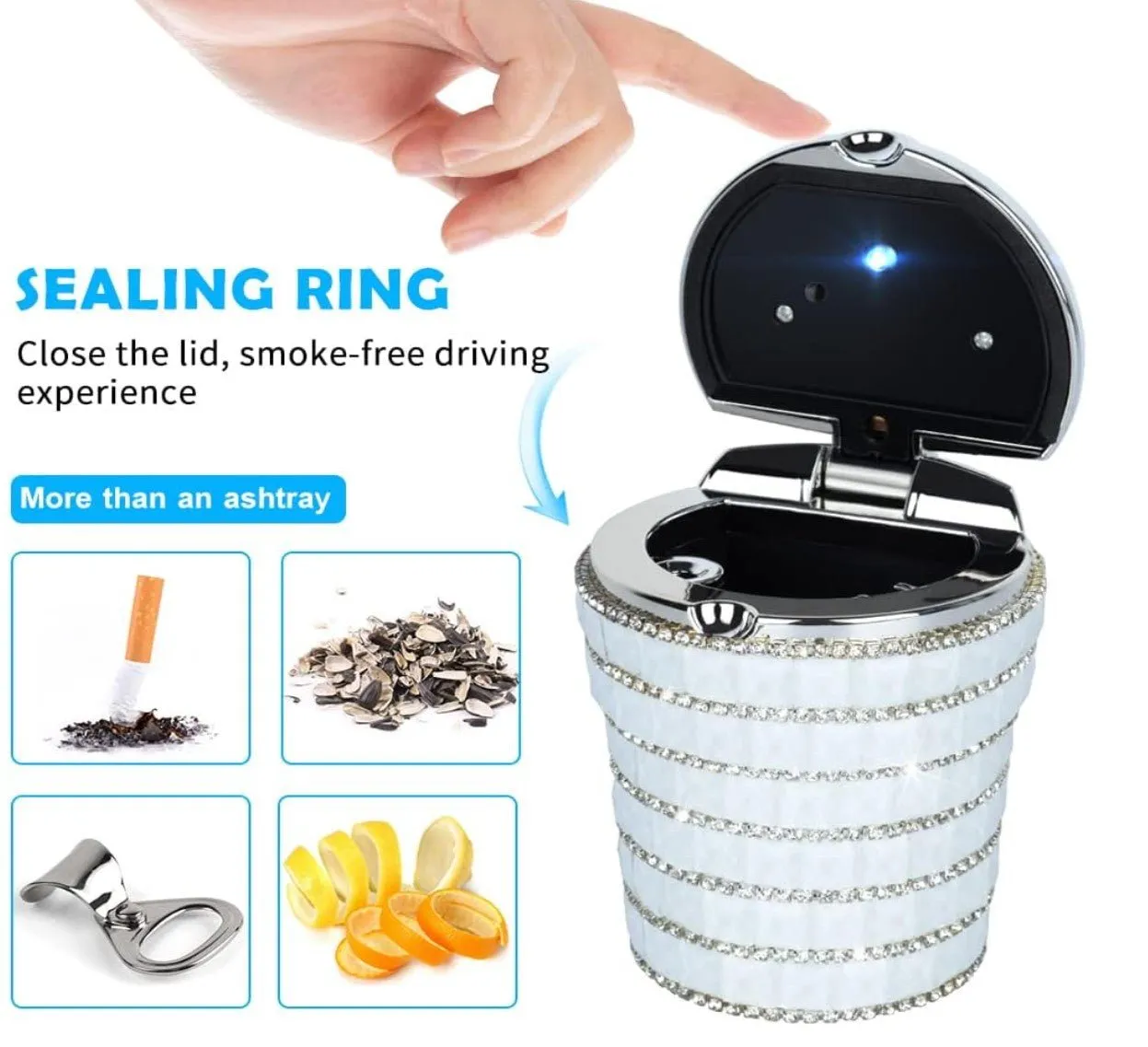 Ashtray with Bling Bling Diamond Auto Cigarette Odor Smoke Remover Cylinder Cup Holder With LED Lamp,White
