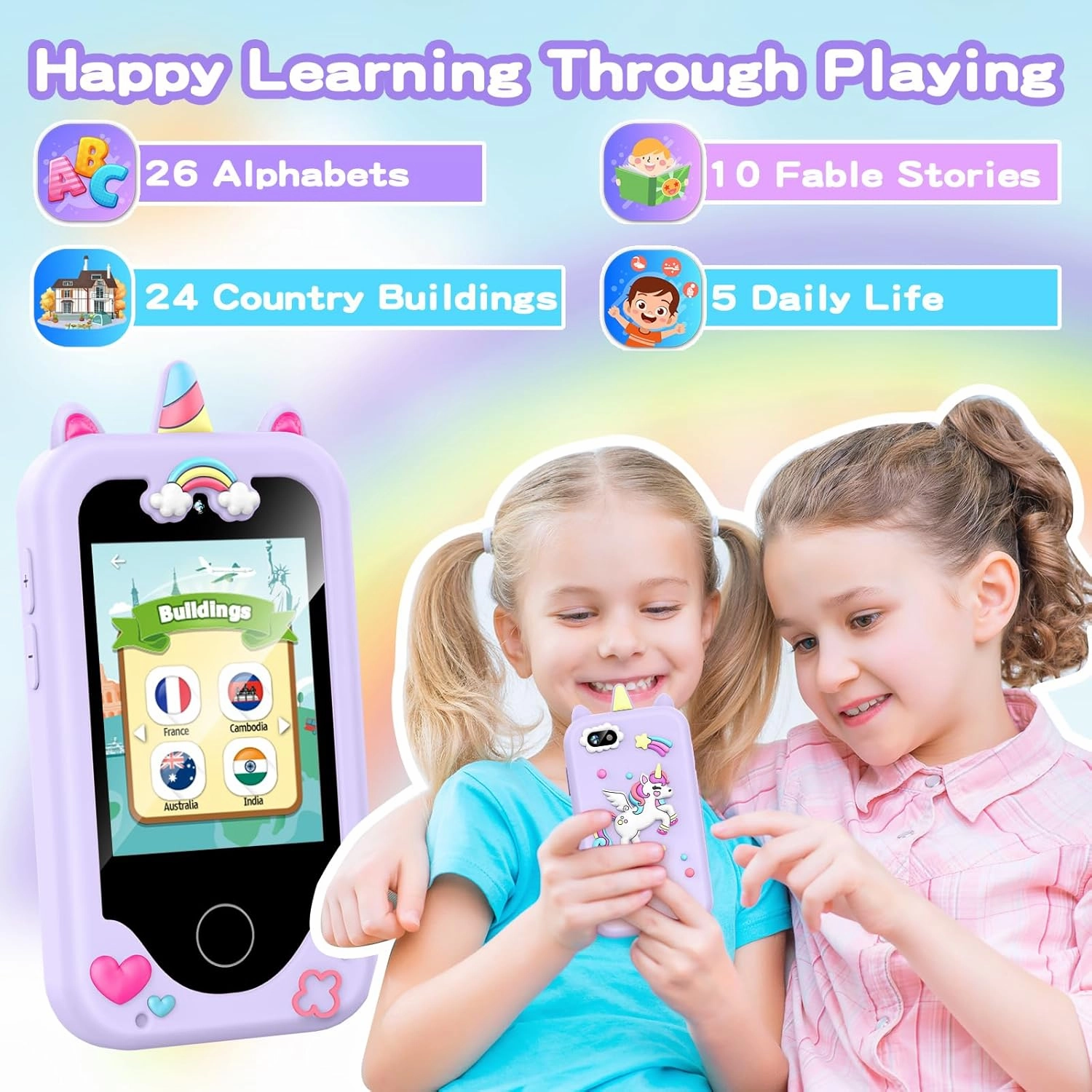ASIUR Kids Smart Phone for Girls Toddler Birthday Gift for Boys 3 4 5 6 7 8 9 10 Year Old, Childrens Pretend Play Cellphone with Educational Games, MP3 Music Player, Learning Toys(Purple)
