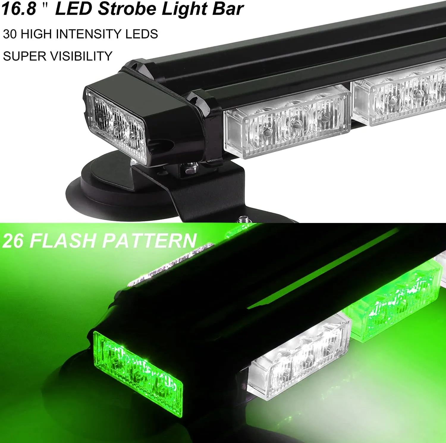 ASPL 16.8 Inch LED Strobe Flashing Light Bar, 26 Flashing Modes High Intensity Emergency Hazard Warning Beacon Lights with Magnetic Base for Car Trucks Trailer Roof Safety (Green White Green White)