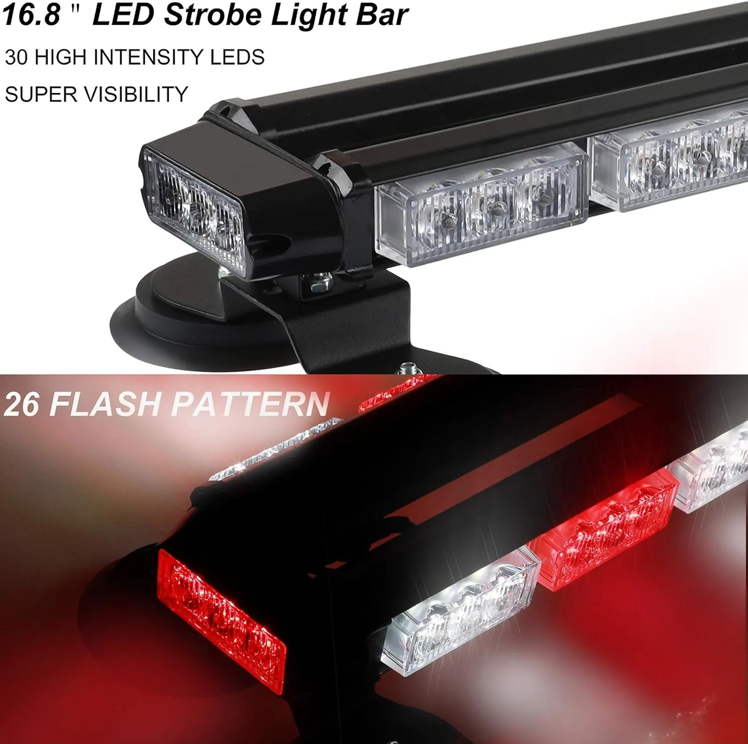 ASPL 16.8 Inch LED Strobe Flashing Light Bar, 26 Flashing Modes High Intensity Emergency Hazard Warning Beacon Lights with Magnetic Base for Car Trucks Trailer Roof Safety (Red White Red White)