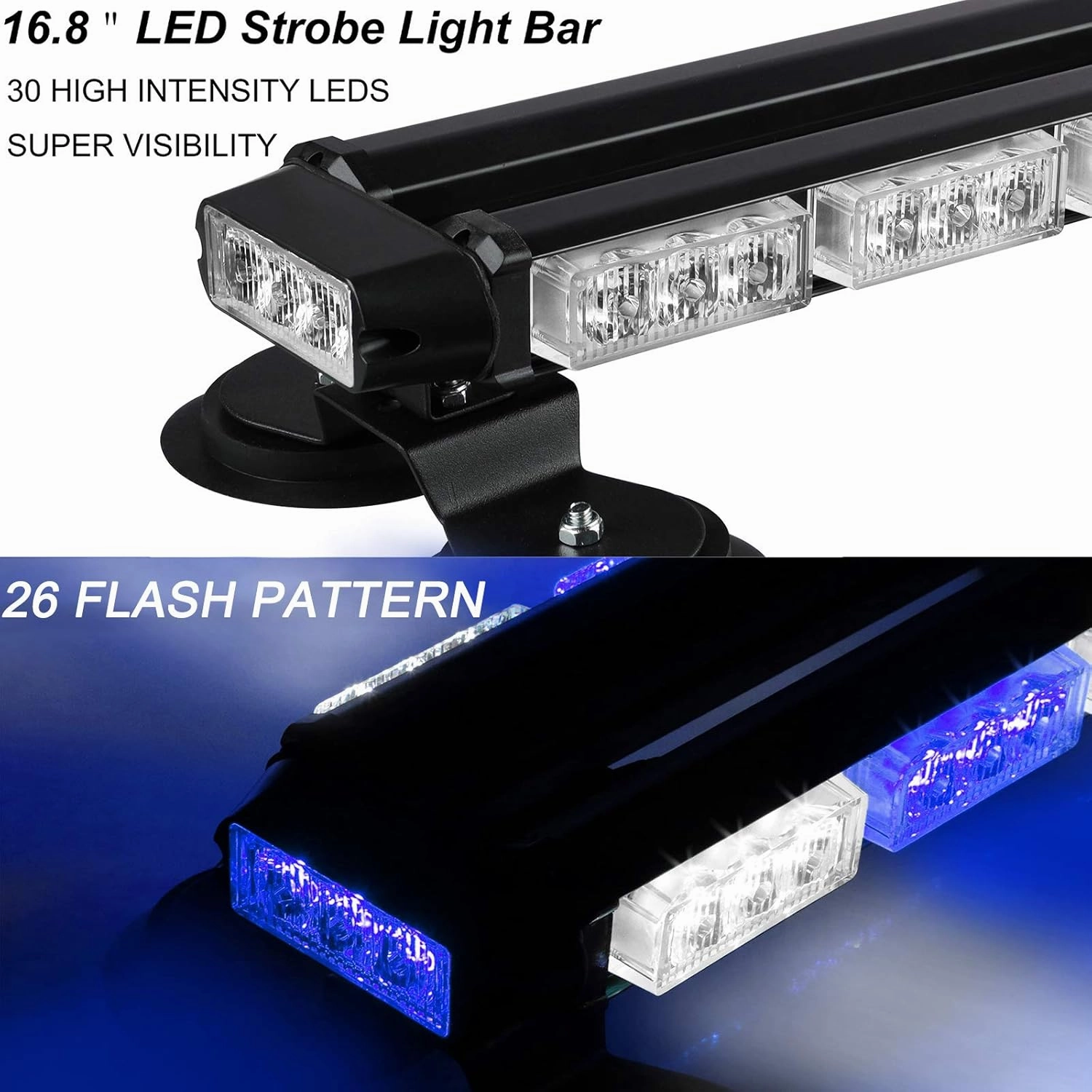 ASPL 16.8 Inch LED Strobe Flashing Light Bar, 26 Flashing Modes High Intensity Emergency Hazard Warning Beacon Lights with Magnetic Base for Car Trucks Trailer Roof Safety (Blue White Blue White)