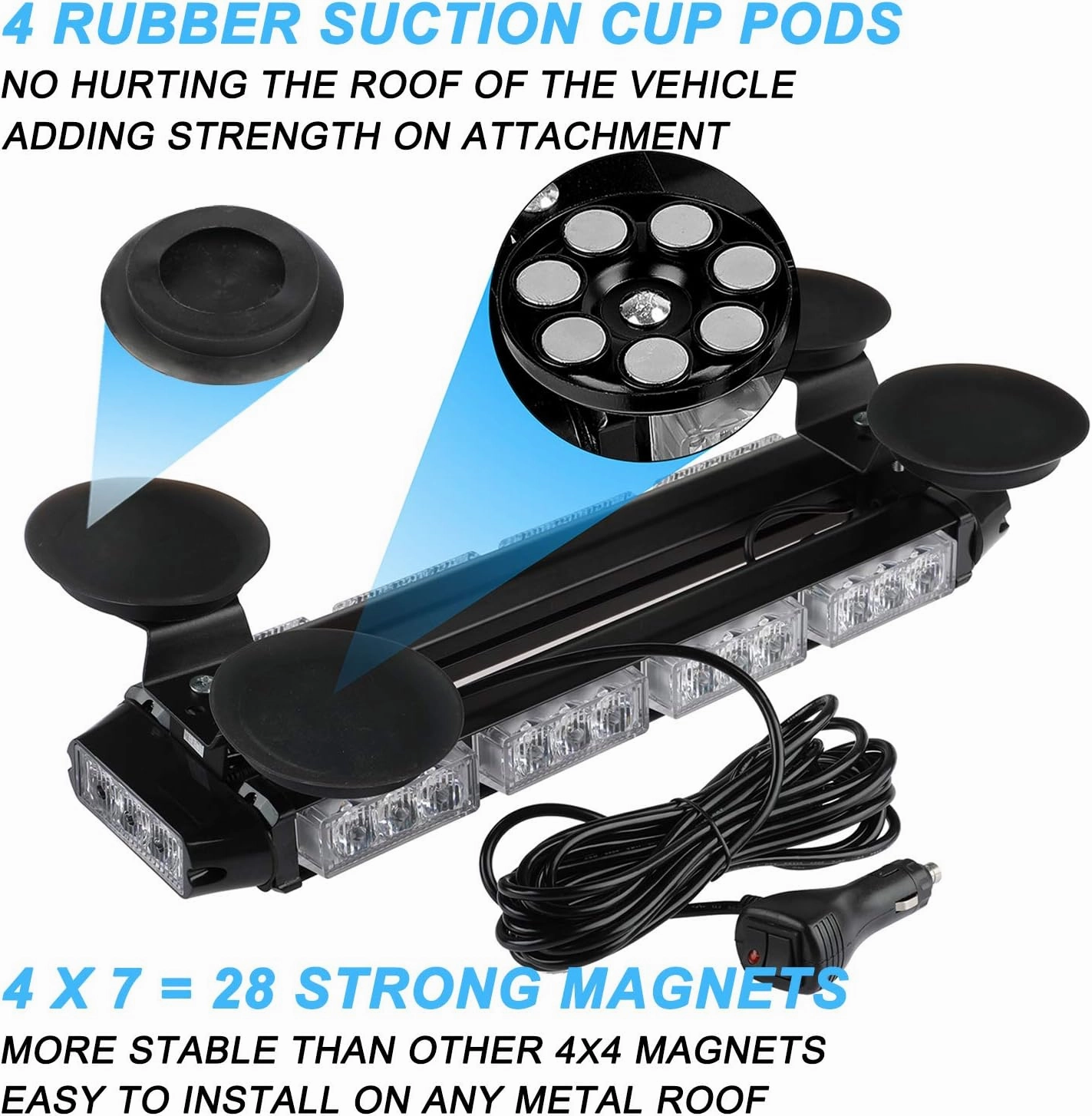 ASPL 16.8 Inch LED Strobe Flashing Light Bar, 26 Flashing Modes High Intensity Emergency Hazard Warning Beacon Lights with Magnetic Base for Car Trucks Trailer Roof Safety (Blue White Blue White)