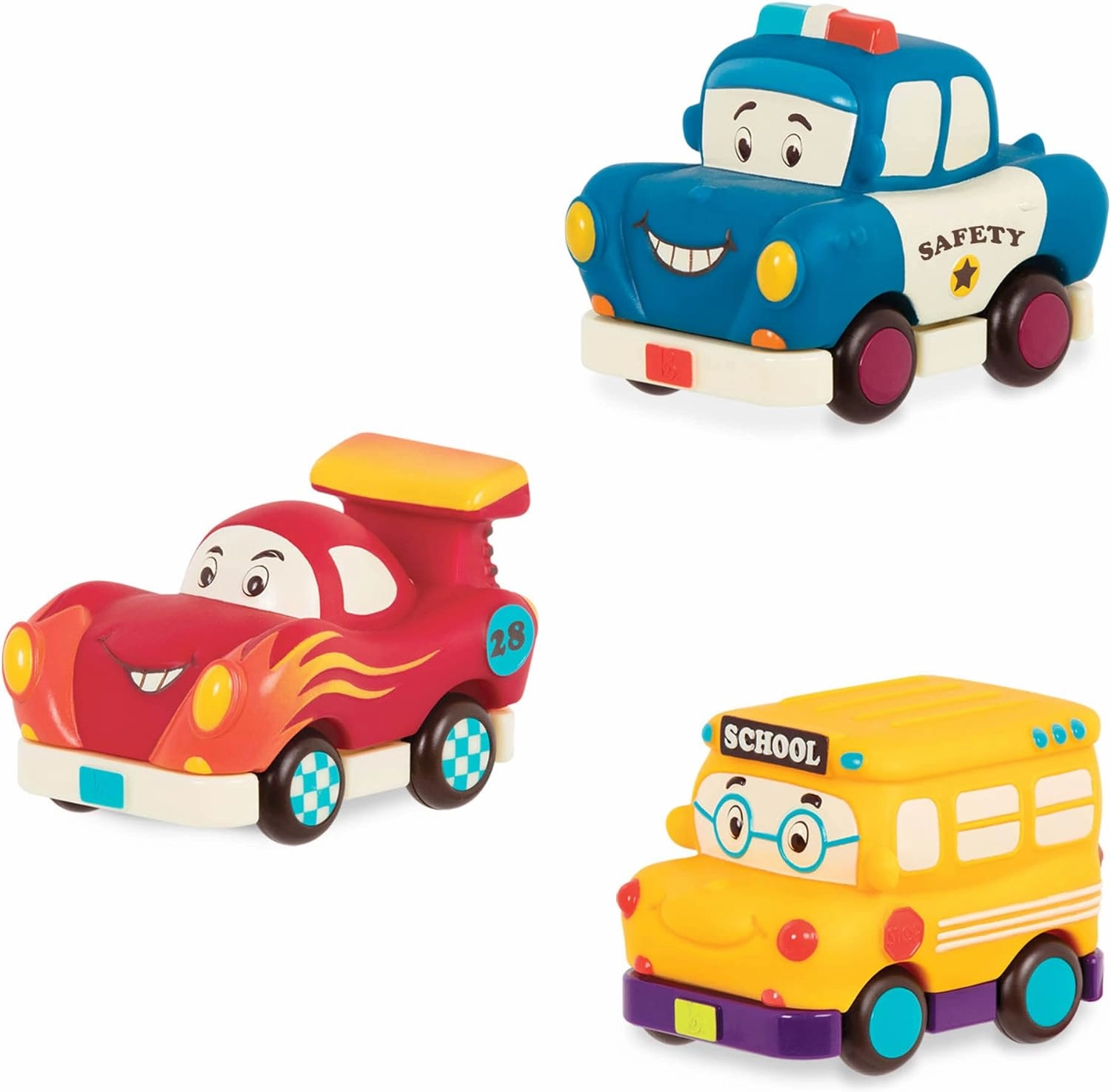 B. toys- Mini Wheeee-ls!- 3 pc Mini Pull-Back Vehicles Set, Bus & Cars, Multi, Hot Rod, School Bus, Police Car- 1 year  