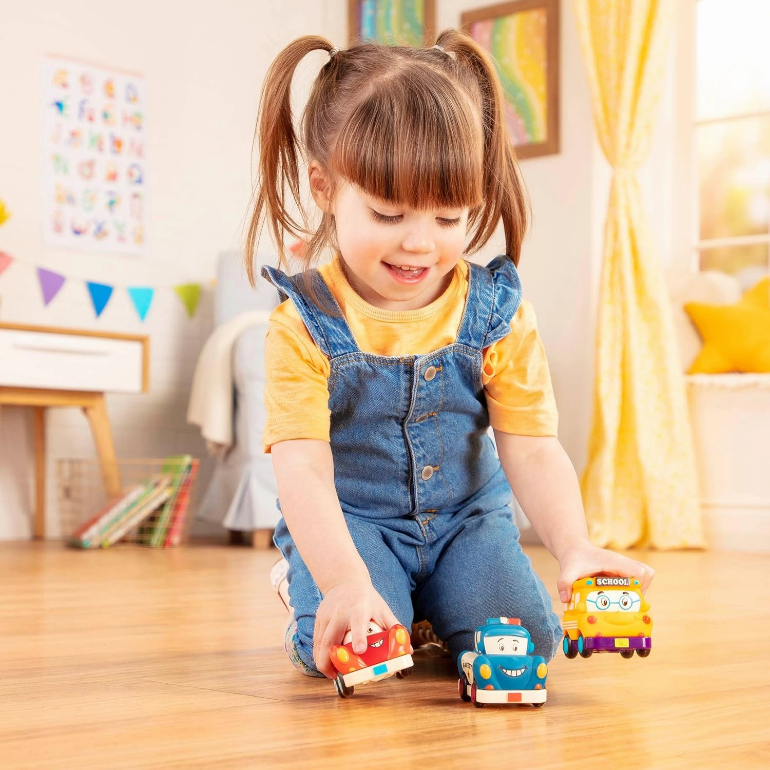 B. toys- Mini Wheeee-ls!- 3 pc Mini Pull-Back Vehicles Set, Bus & Cars, Multi, Hot Rod, School Bus, Police Car- 1 year  